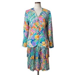 Vintage 1980s Anne Crimmins For Umi Collections Silk Abstract Floral Skirt Suit